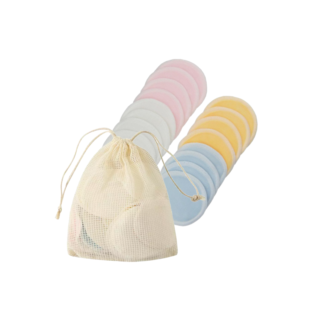 Set of Reusable Makeup Remover Rounds made from soft bamboo fabric, displayed with a laundry mesh bag for easy washing.