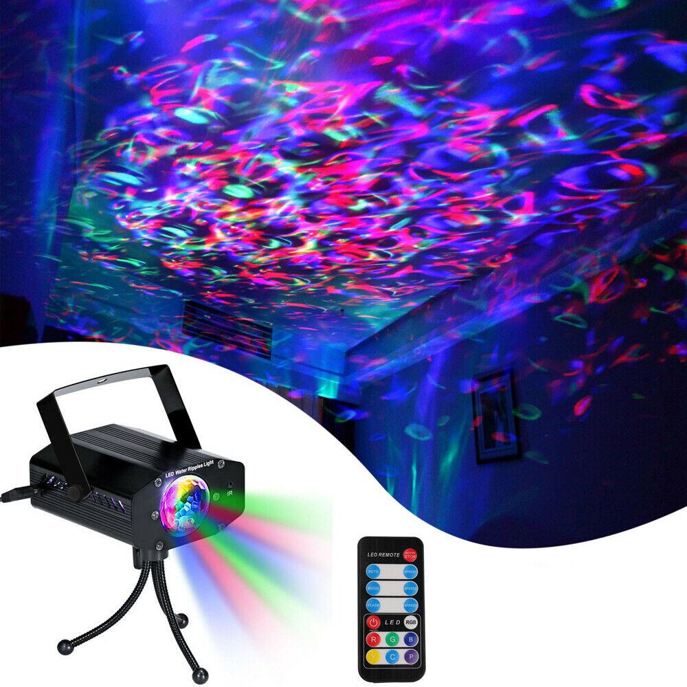 RGB LED Water Ocean Ripple Effect Stage Light with remote and tripod, showcasing vibrant colors and dynamic ripple effects.