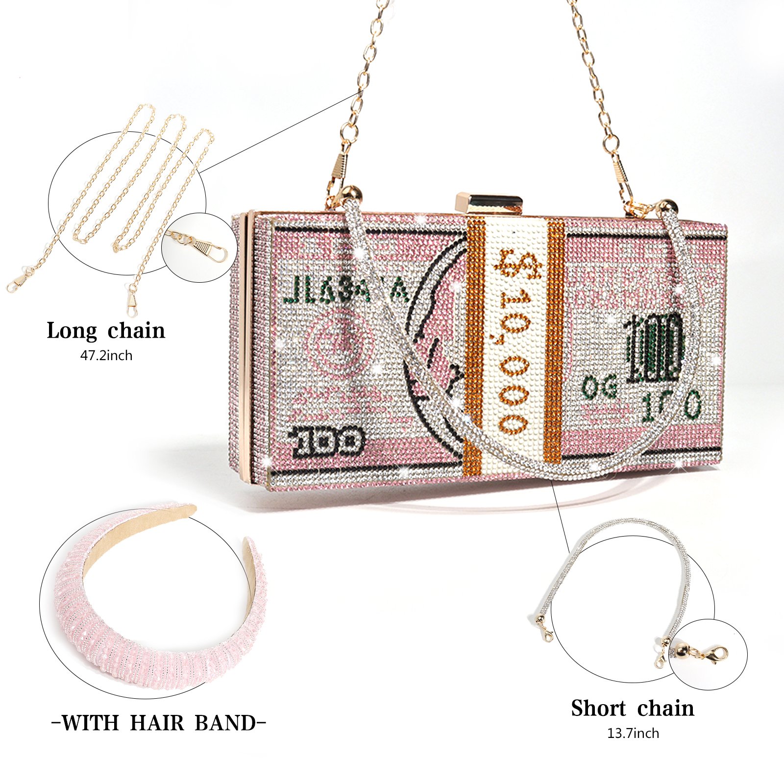 A stylish rhinestone money bag set for women, featuring a matching hairband, showcasing its elegant design and waterproof material.