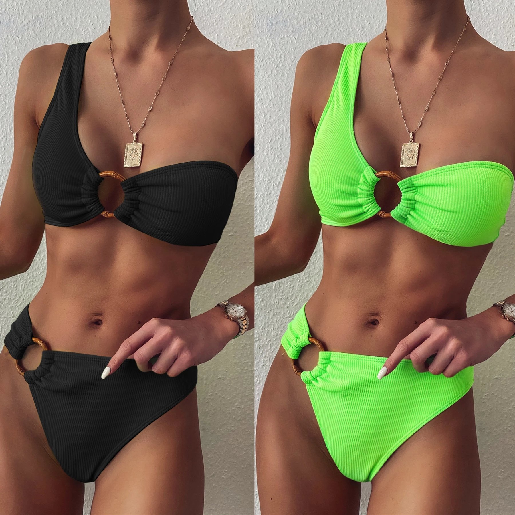 Rib Fabric Sexy Bikini in neon green, featuring a stylish one-shoulder design, perfect for summer beach outings.