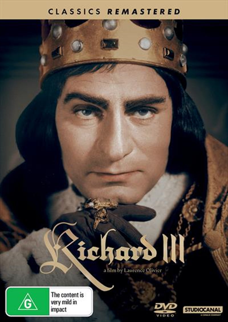 Cover of Richard III Classics Remastered DVD featuring dramatic artwork of the deformed king and a dark, atmospheric background.