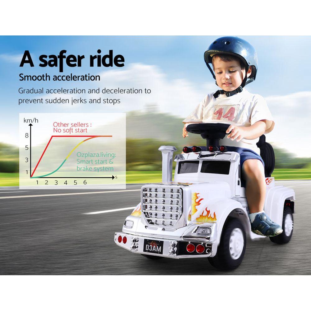 Rigo Kids Ride-on Truck in vibrant colors with realistic truck features, including headlights and anti-slip wheels, designed for children aged 3-8.