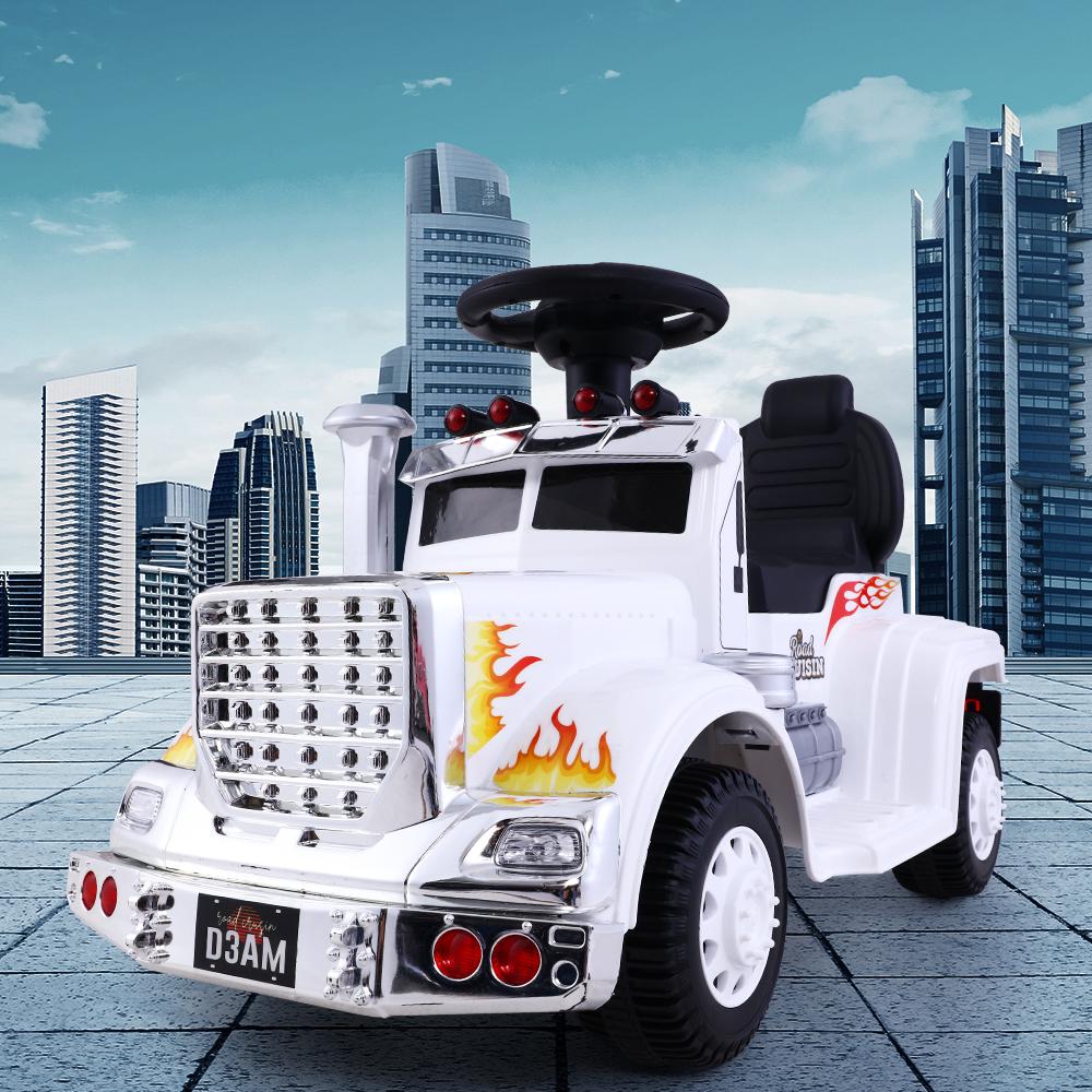 Rigo Kids Ride-on Truck in vibrant colors with realistic truck features, including headlights and anti-slip wheels, designed for children aged 3-8.