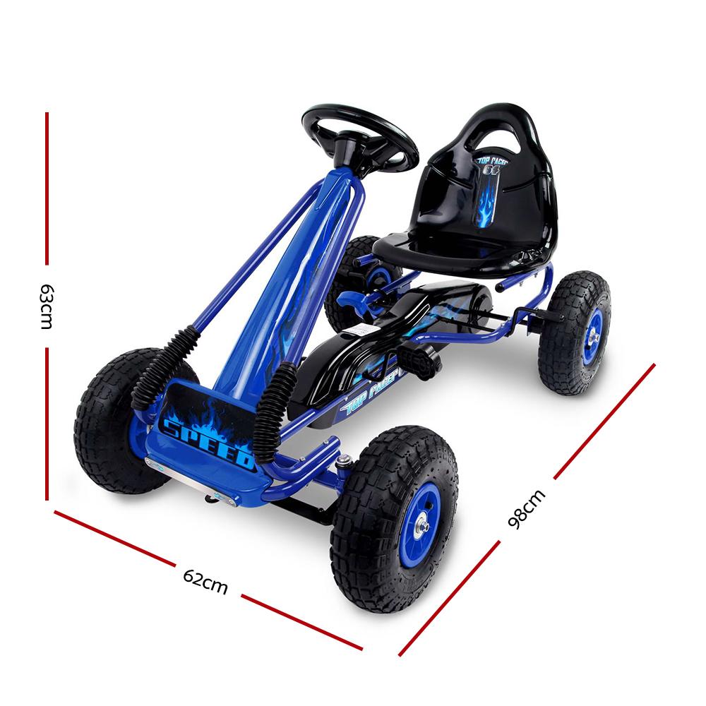 Rigo Kids Pedal Go Kart in blue with rubber pneumatic tyres, designed for children aged 3 and above, showcasing its robust frame and adjustable seat.