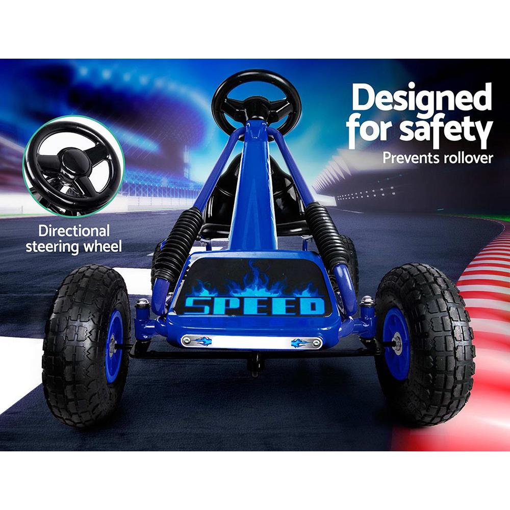 Rigo Kids Pedal Go Kart in blue with rubber pneumatic tyres, designed for children aged 3 and above, showcasing its robust frame and adjustable seat.