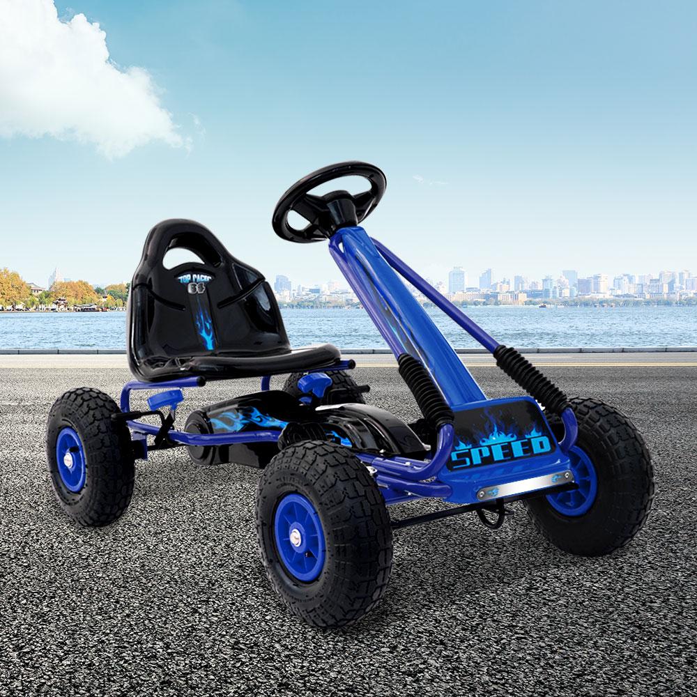 Rigo Kids Pedal Go Kart in blue with rubber pneumatic tyres, designed for children aged 3 and above, showcasing its robust frame and adjustable seat.