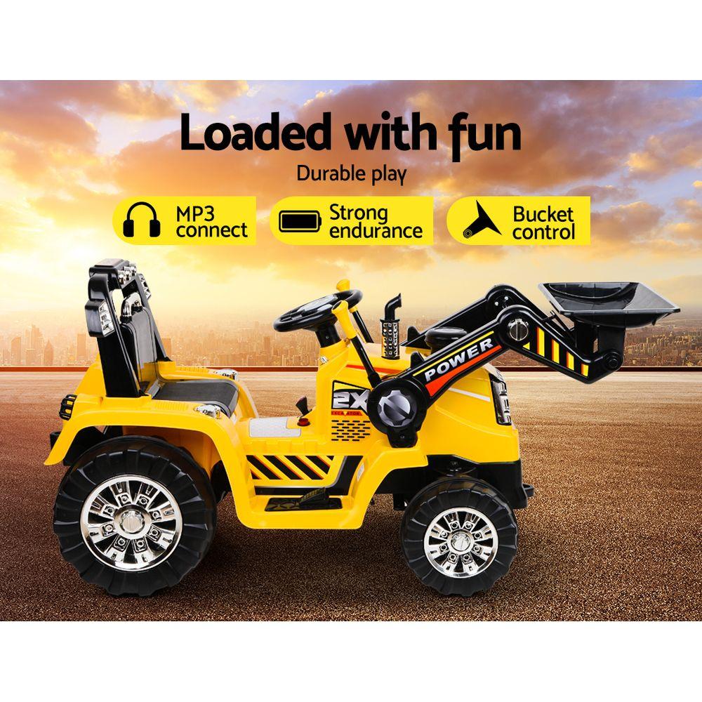 Rigo Kids Ride On Bulldozer Digger Electric Car in yellow, featuring realistic design, parental remote control, and spacious seat for children.