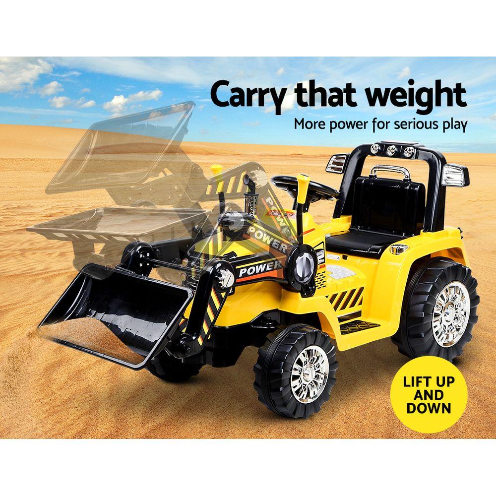 Rigo Kids Ride On Bulldozer Digger Electric Car in yellow, featuring realistic design, parental remote control, and spacious seat for children.