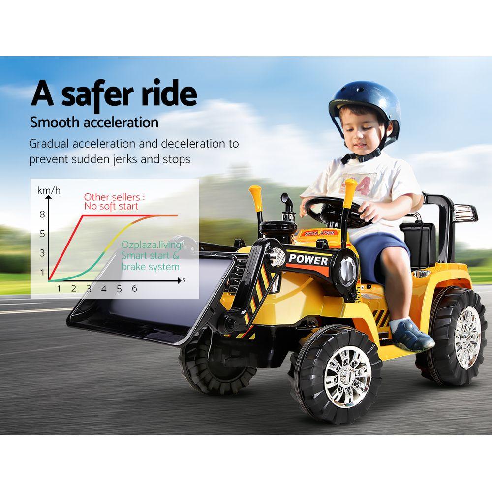 Rigo Kids Ride On Bulldozer Digger Electric Car in yellow, featuring realistic design, parental remote control, and spacious seat for children.