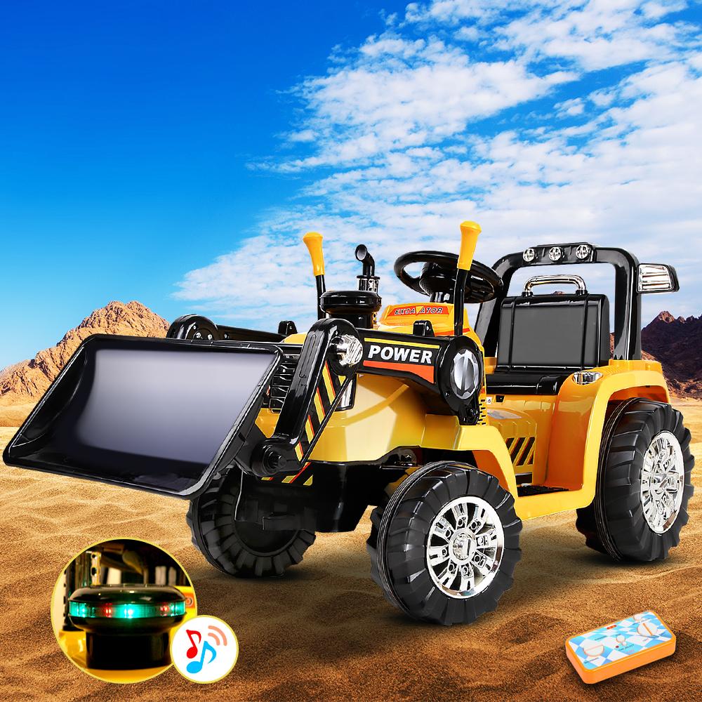 Rigo Kids Ride On Bulldozer Digger Electric Car in yellow, featuring realistic design, parental remote control, and spacious seat for children.