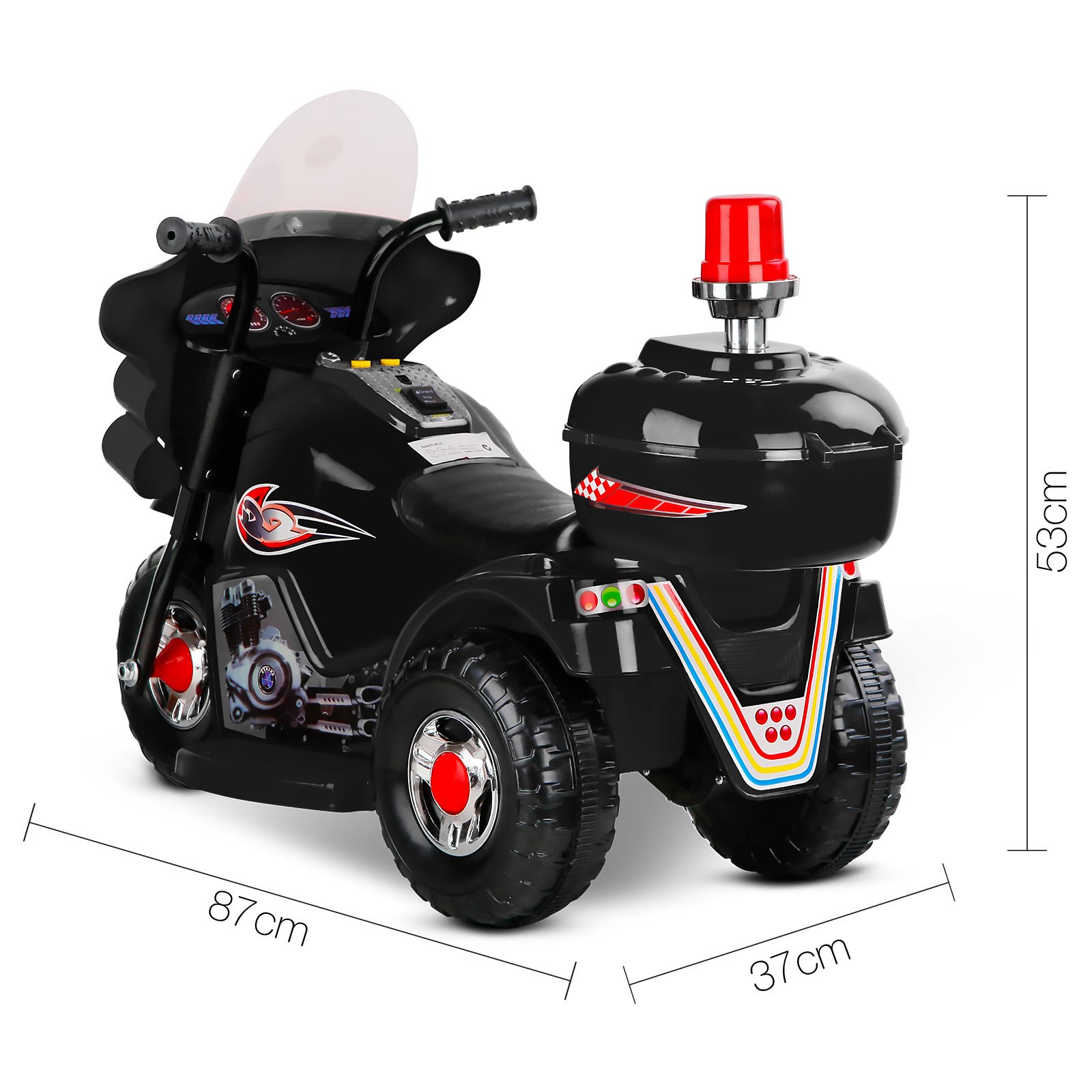 Rigo Kids Ride On Motorbike in black color with police lights and siren, designed for children aged 3-8 years.