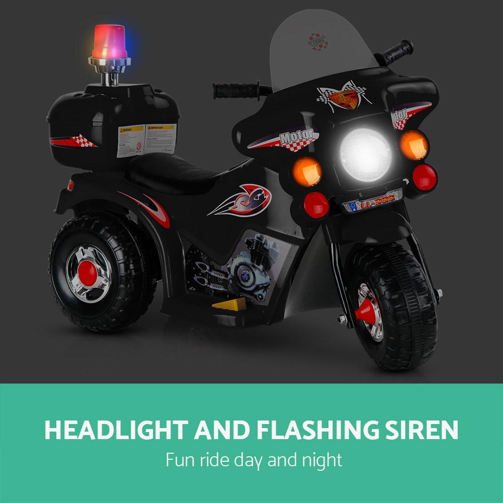 Rigo Kids Ride On Motorbike in black color with police lights and siren, designed for children aged 3-8 years.