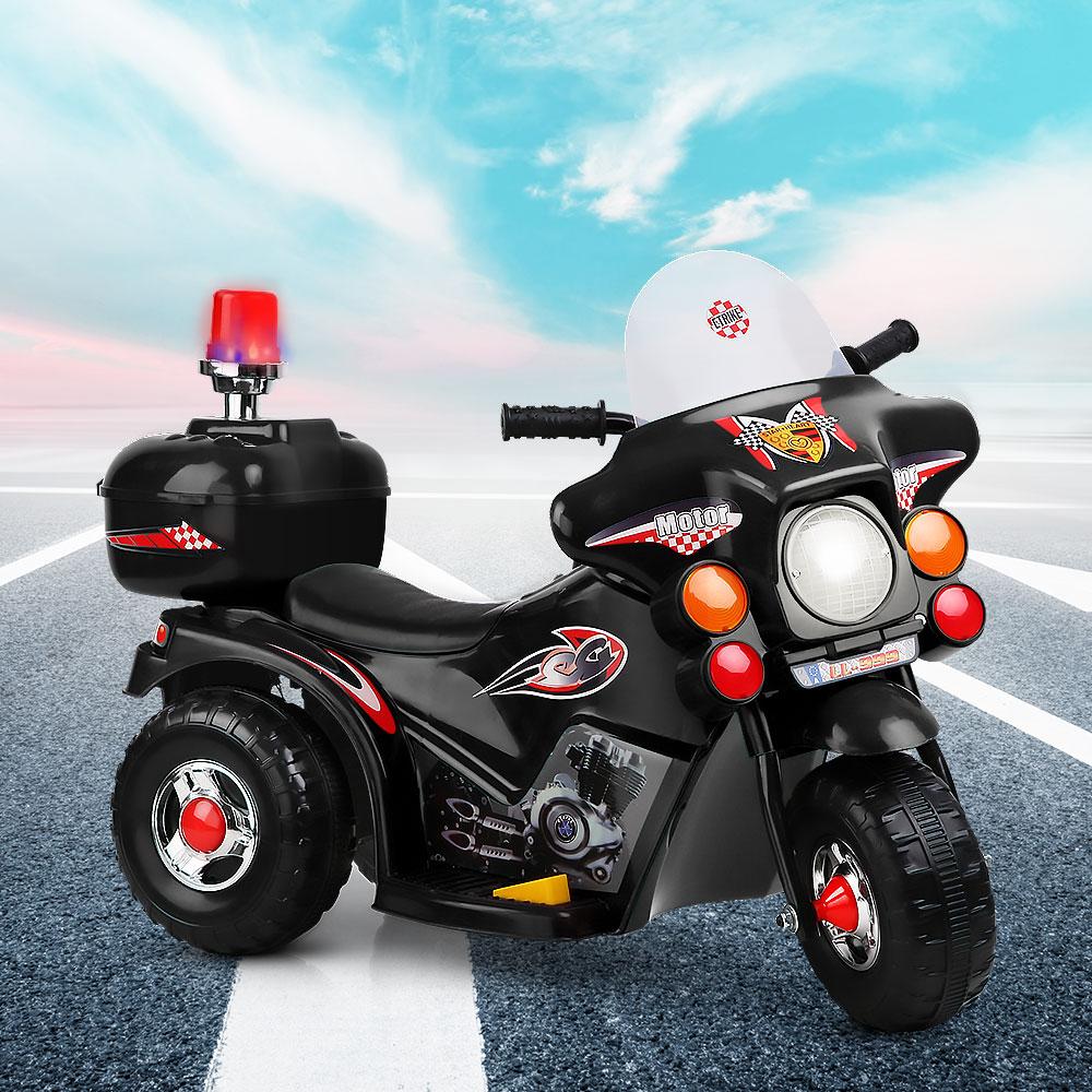 Rigo Kids Ride On Motorbike in black color with police lights and siren, designed for children aged 3-8 years.