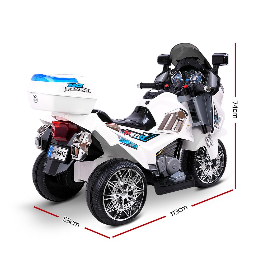 Rigo Kids Ride On Motorbike in high gloss white, featuring three wheels, anti-slip tyres, and a comfortable seat for children aged 3-8.