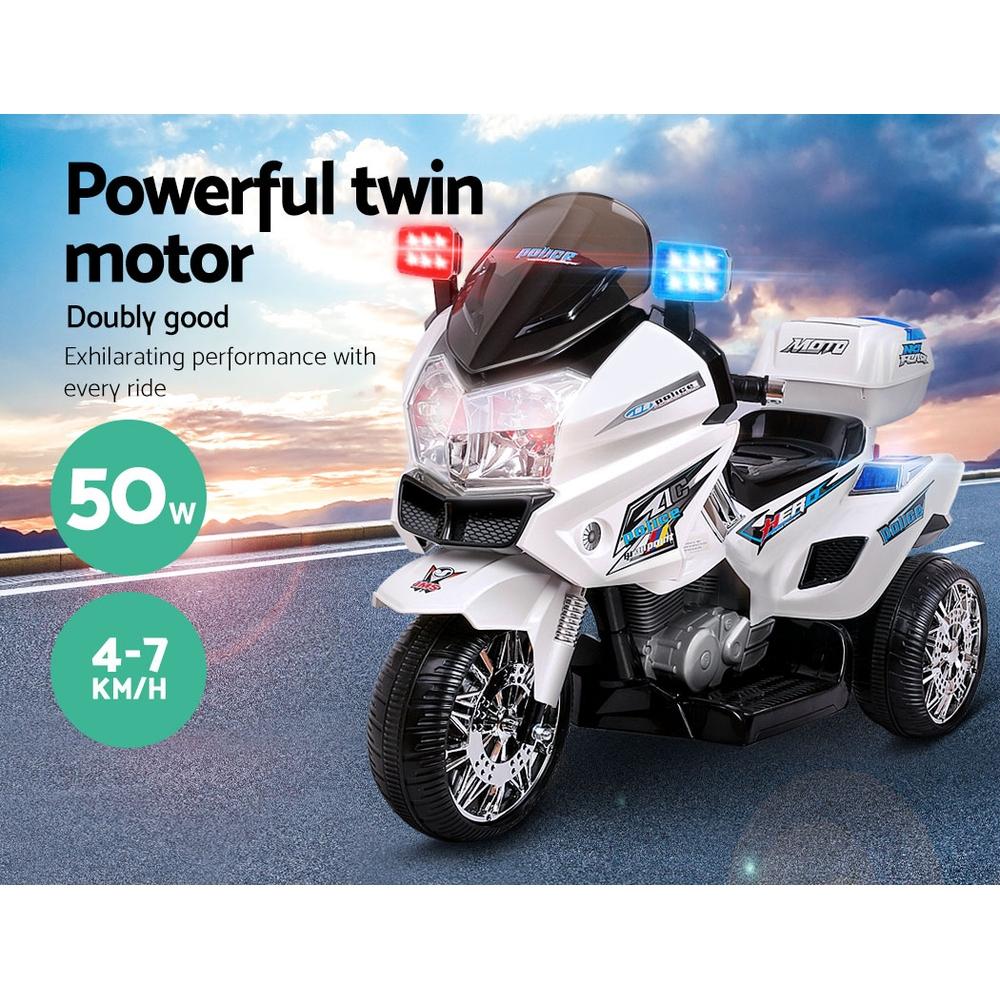 Rigo Kids Ride On Motorbike in high gloss white, featuring three wheels, anti-slip tyres, and a comfortable seat for children aged 3-8.