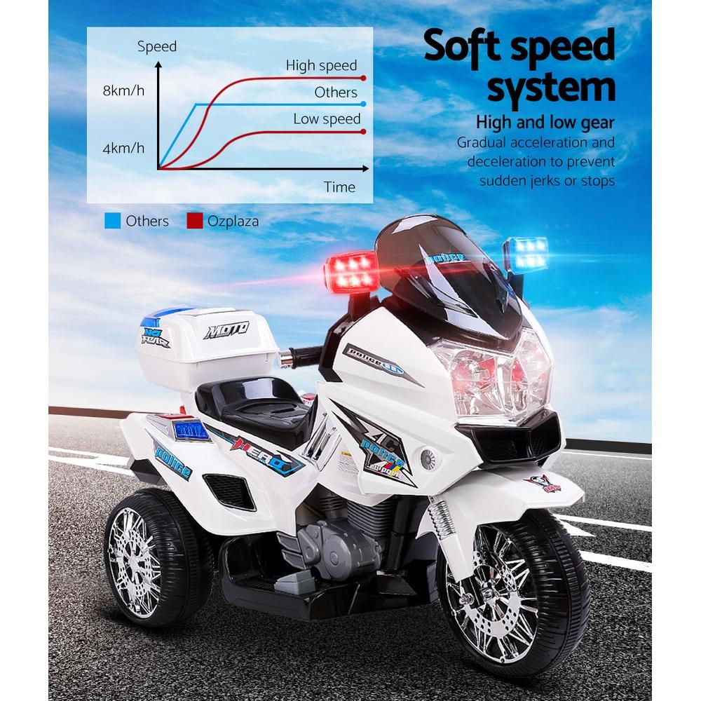 Rigo Kids Ride On Motorbike in high gloss white, featuring three wheels, anti-slip tyres, and a comfortable seat for children aged 3-8.