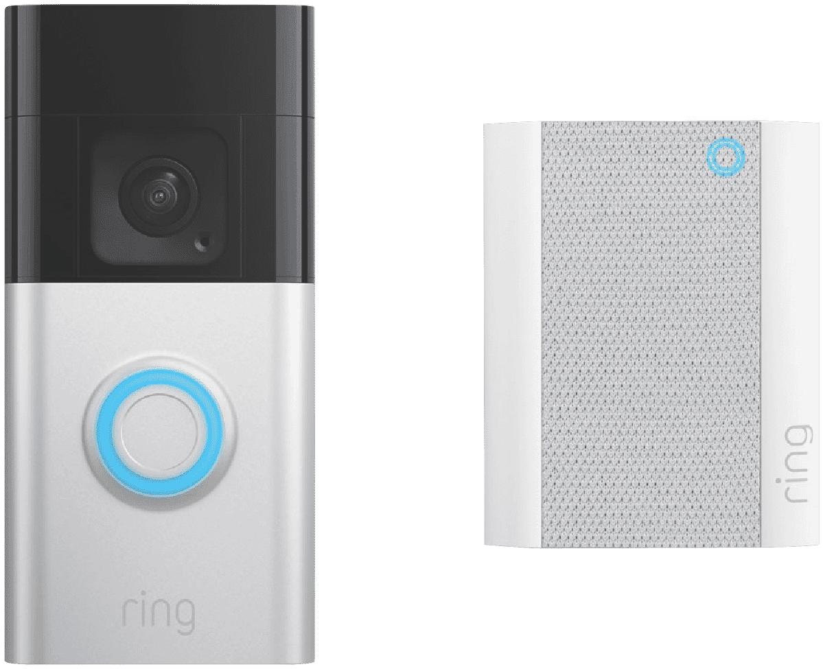 Ring Video Doorbell Plus in silver color with HD+ video capabilities and two-way talk feature.