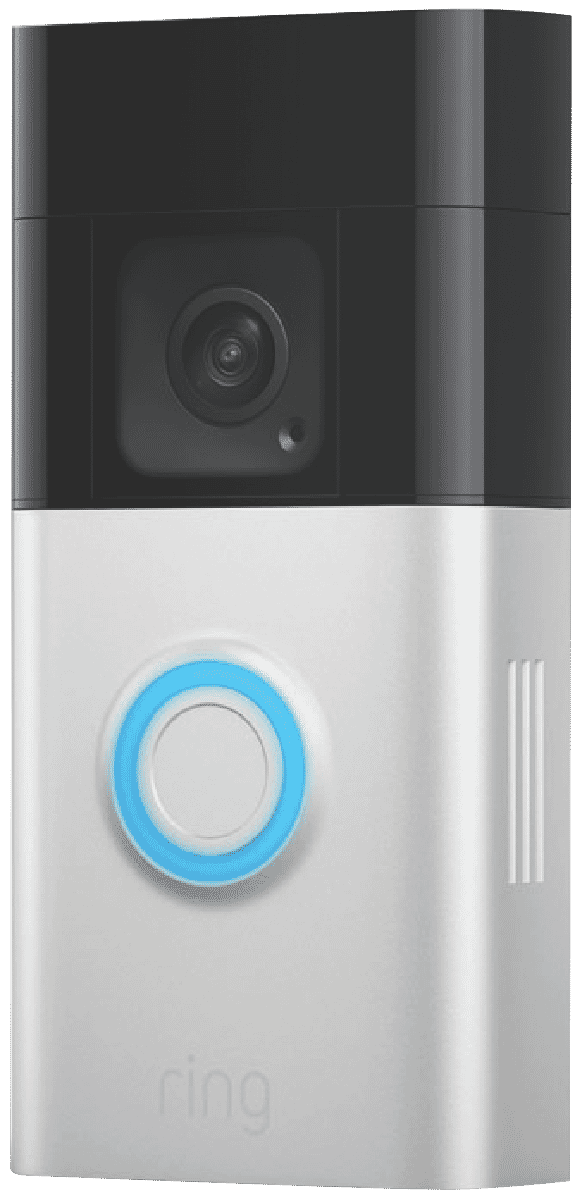 Ring Video Doorbell Plus in silver color with HD+ video capabilities and two-way talk feature.