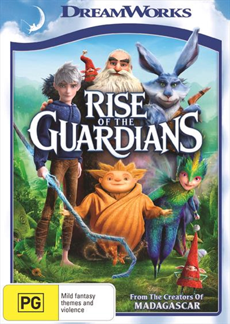 Rise Of The Guardians DVD cover featuring the Easter Bunny, Santa Claus, and other Guardians in a magical setting.