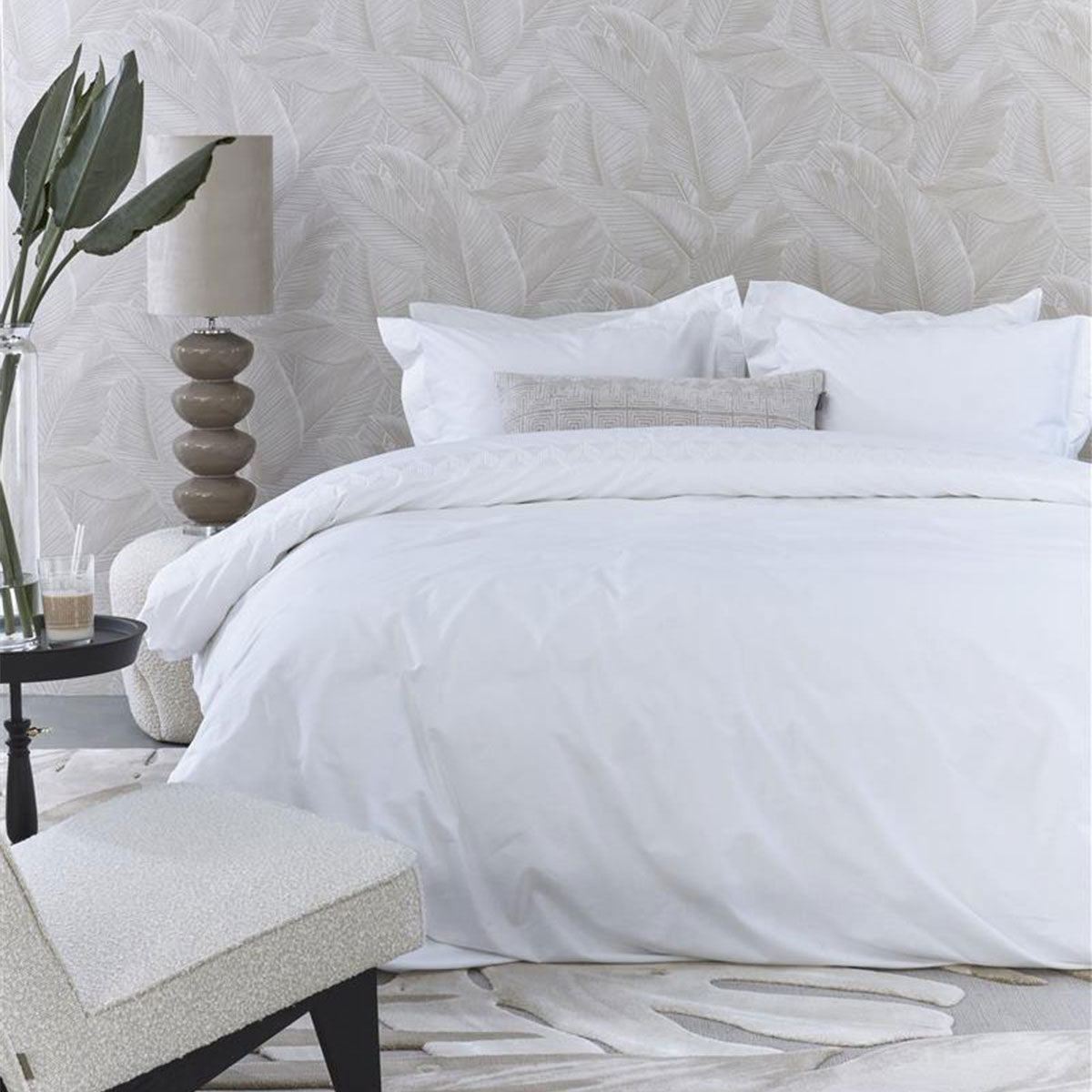 Riviera Maison Elowen White Cotton Quilt Cover Set King with embroidered geometric design and decorative pillowcases.