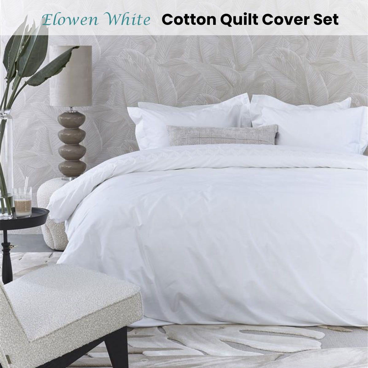 Riviera Maison Elowen White Cotton Quilt Cover Set King with embroidered geometric design and decorative pillowcases.