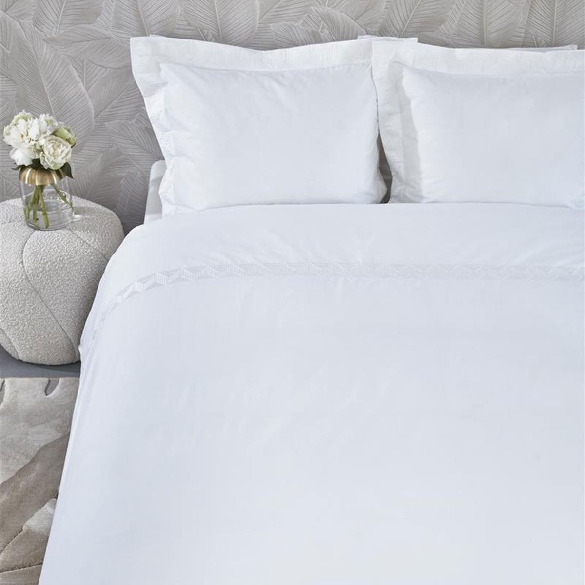 Riviera Maison Elowen White Cotton Quilt Cover Set King with embroidered geometric design and decorative pillowcases.