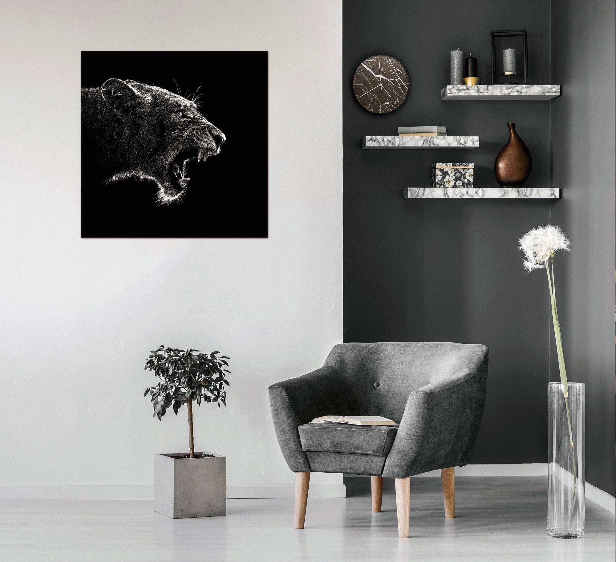 Unframed Roaring Lion Acrylic Print Wall Art showcasing a majestic lion with vibrant colors and a high-gloss finish, perfect for modern decor.