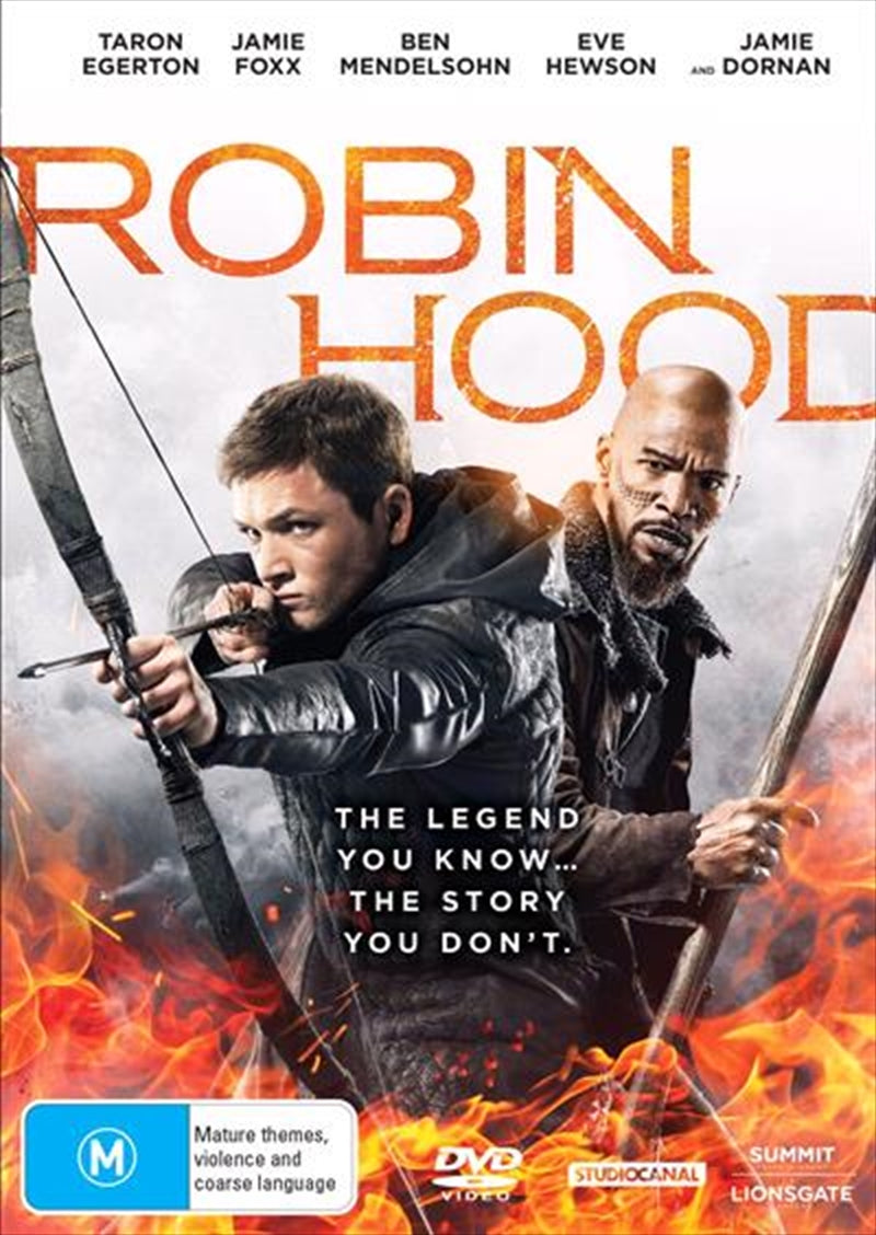 Robin Hood DVD cover featuring Taron Egerton and Jamie Foxx in action-packed scenes.