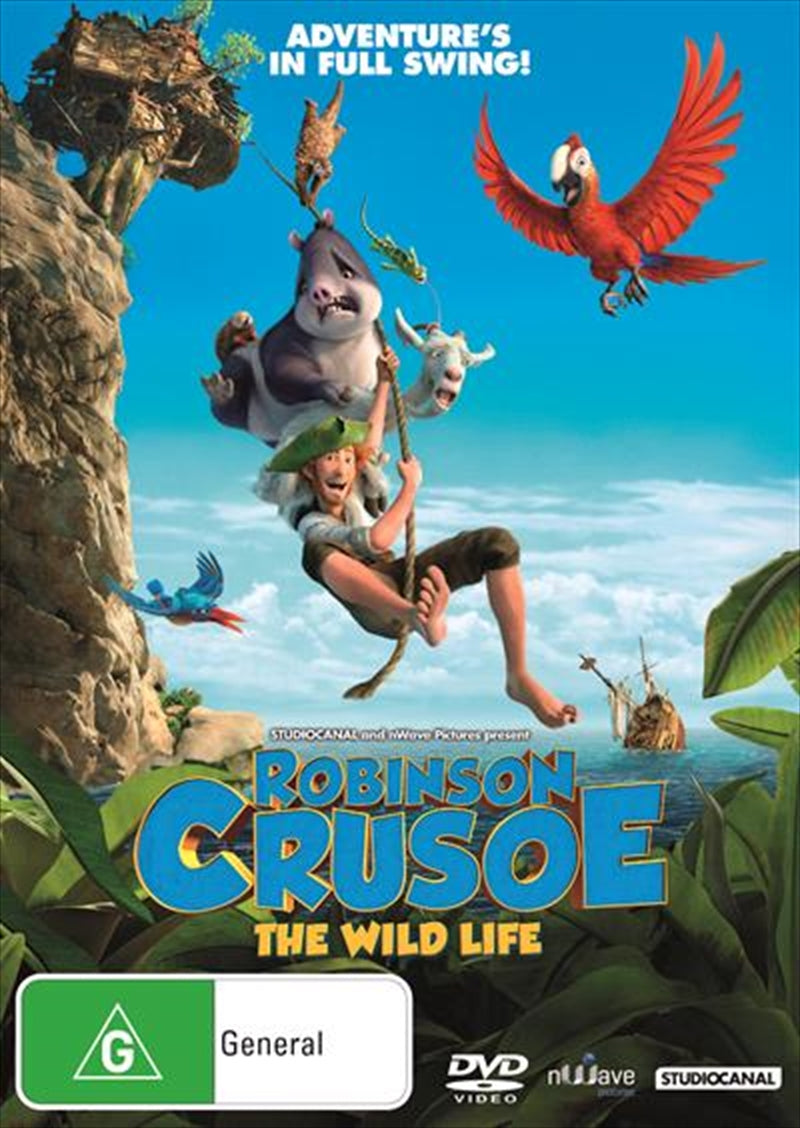 Robinson Crusoe DVD cover featuring the marooned character and his animal friends on a vibrant island.