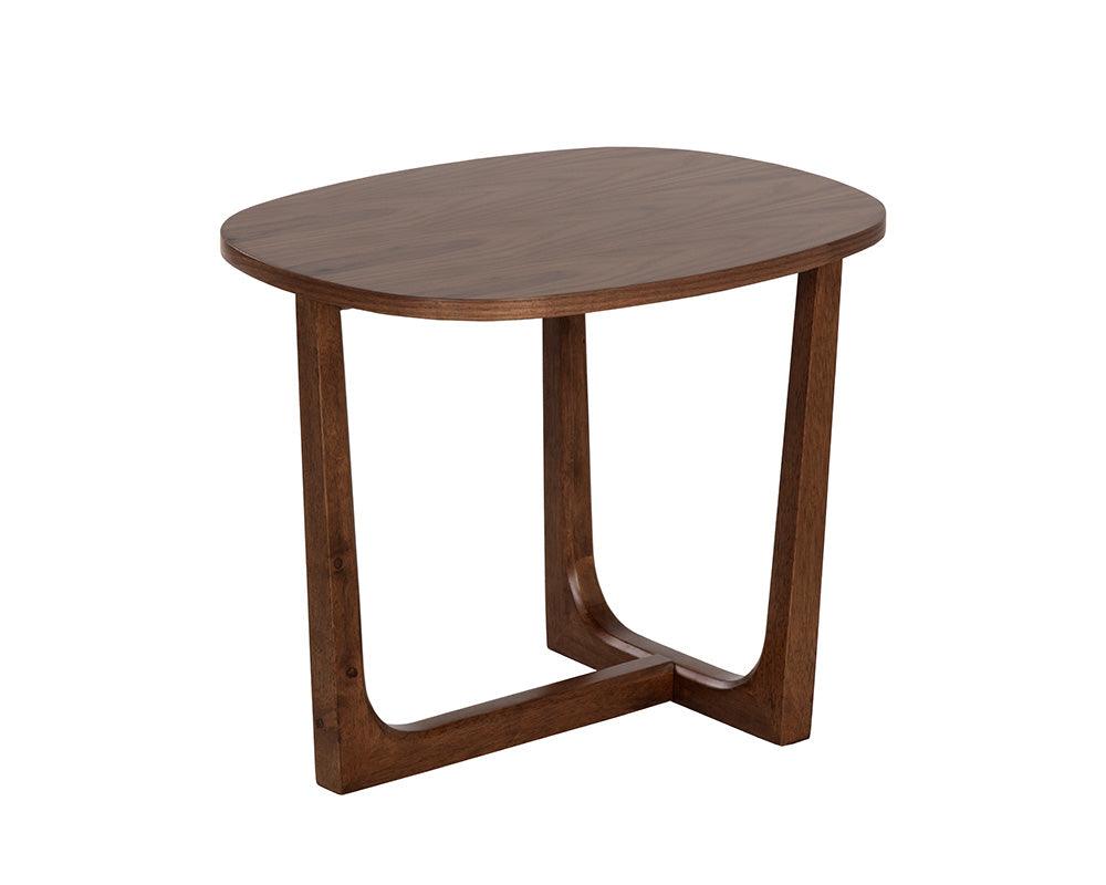 Robinson End Table with walnut finish, showcasing its compact design and sturdy wood construction.