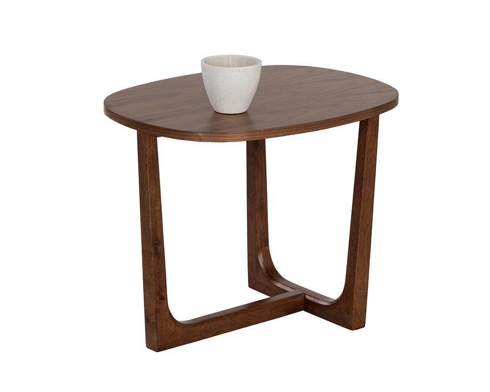 Robinson End Table with walnut finish, showcasing its compact design and sturdy wood construction.