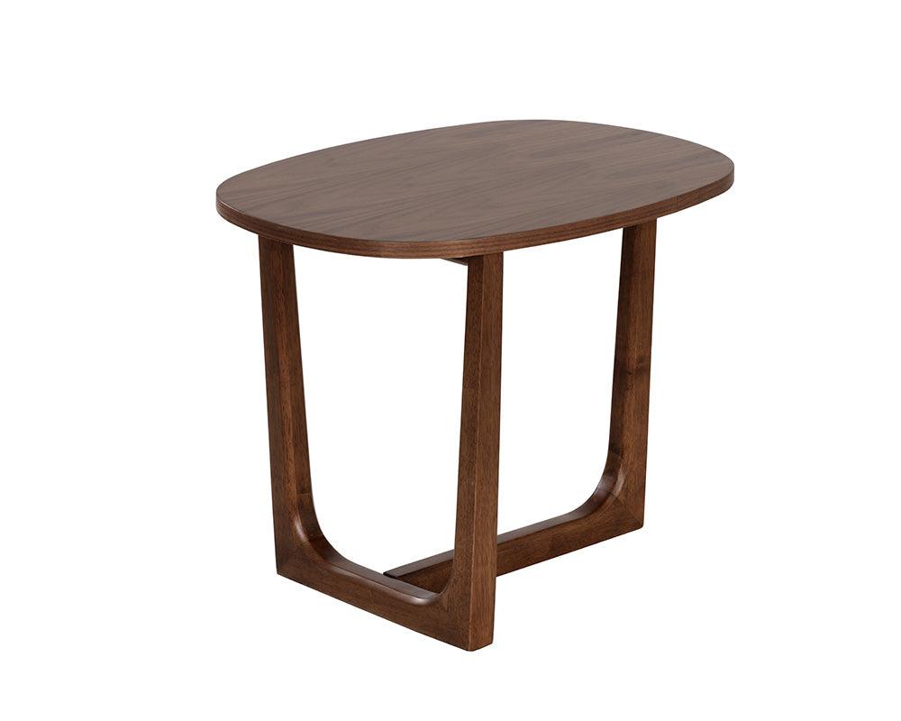 Robinson End Table with walnut finish, showcasing its compact design and sturdy wood construction.