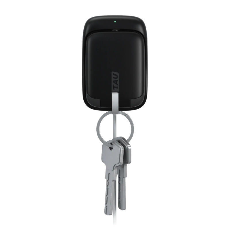 ROLLINGSQUARE Tau Black power bank, the world's smallest 3-in-1 charger for iPhone, Micro USB, and USB-C, attached to a keychain.