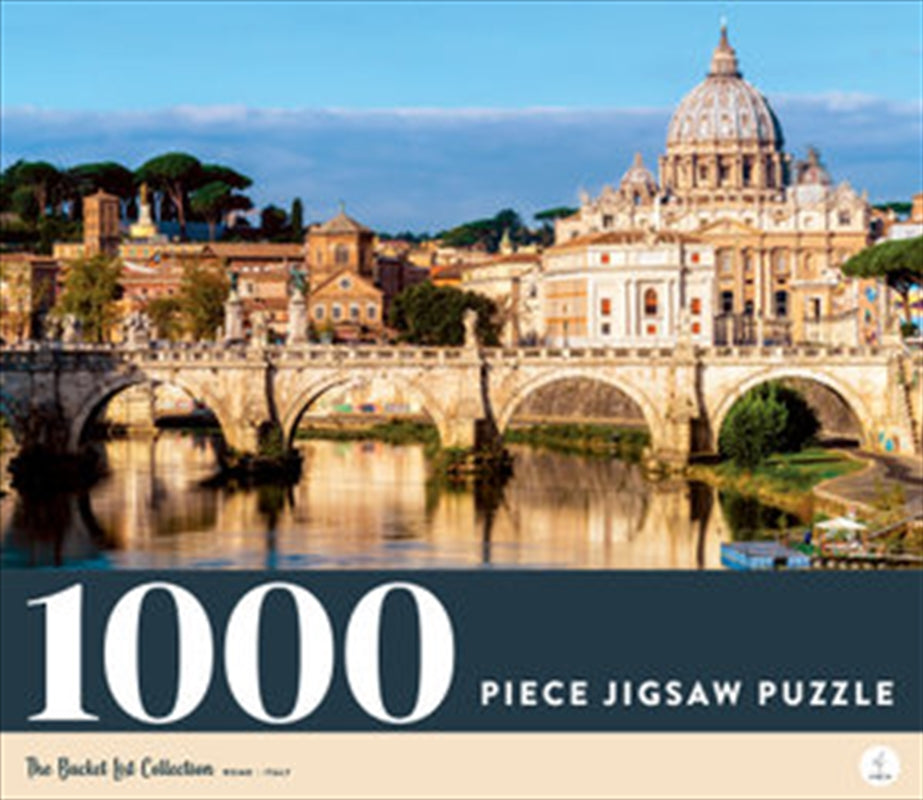 A beautifully illustrated 1000 piece jigsaw puzzle featuring iconic landmarks of Rome, including the Colosseum and St. Peter's Basilica.