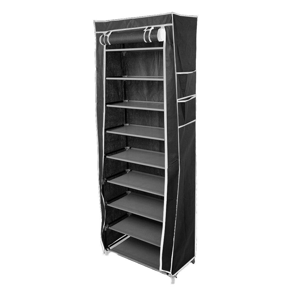 A stylish black shoe rack with 10 layers and 9 lattice compartments, designed for compact storage in modern homes.