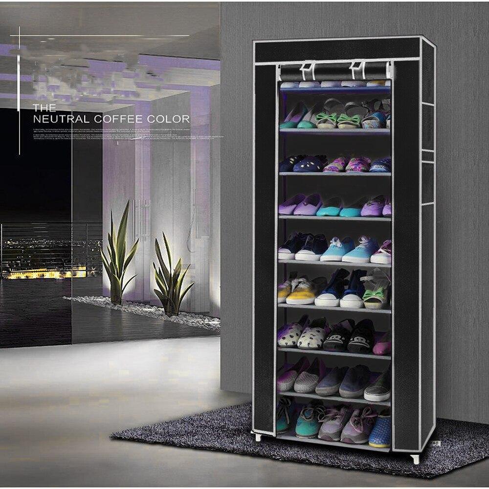 A stylish black shoe rack with 10 layers and 9 lattice compartments, designed for compact storage in modern homes.