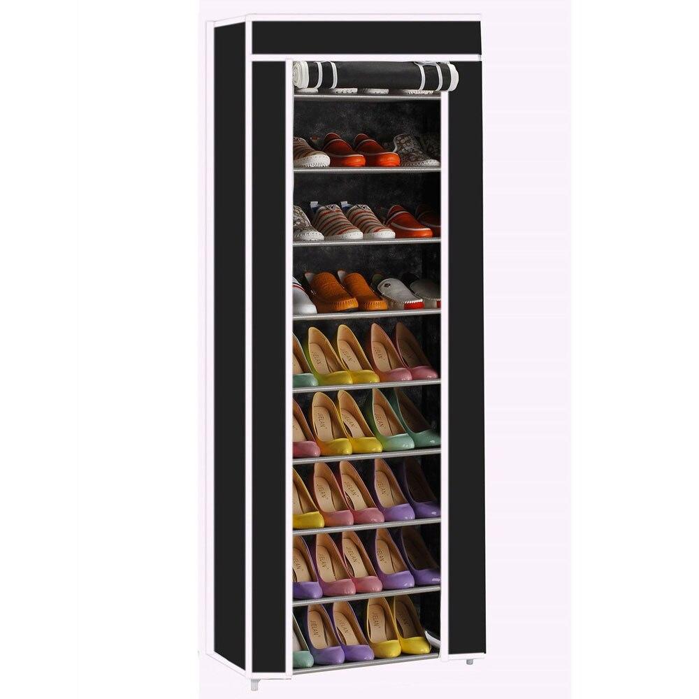 A stylish black shoe rack with 10 layers and 9 lattice compartments, designed for compact storage in modern homes.