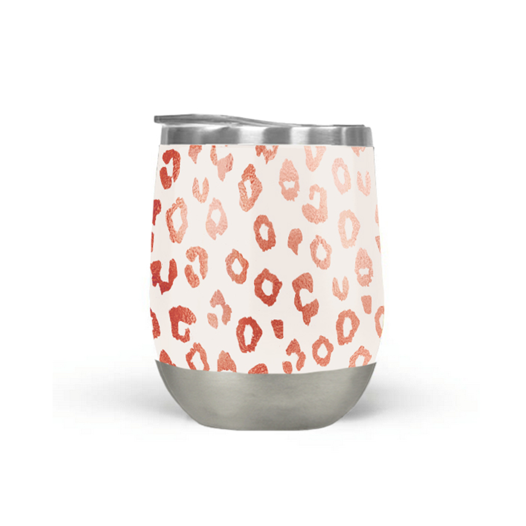 Rose Gold Leopard Print Wine Tumbler with double-wall insulation, stylish design, and secure lid, perfect for outdoor use.