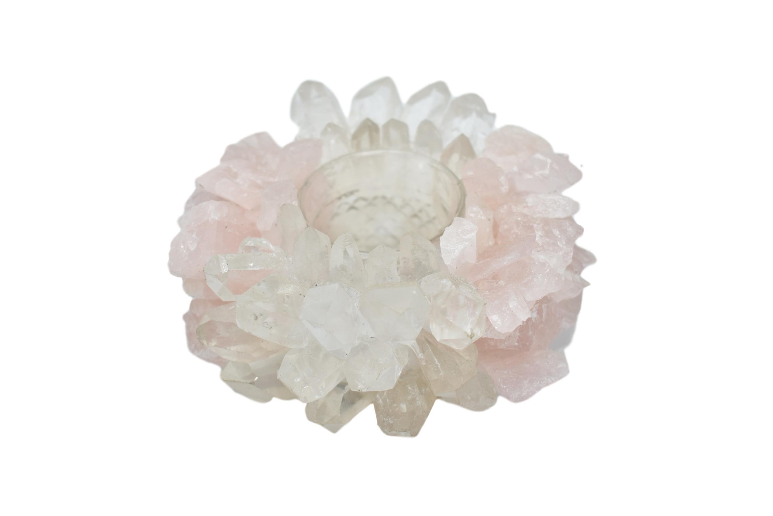 A beautifully crafted Rose Quartz and Quartz Votive Candle Holder showcasing shimmering facets and a romantic design.