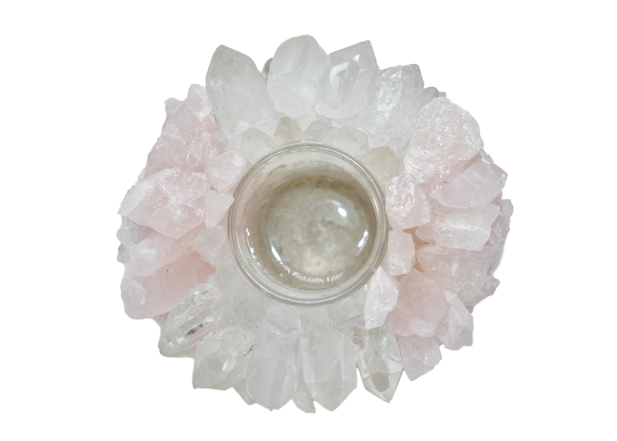 A beautifully crafted Rose Quartz and Quartz Votive Candle Holder showcasing shimmering facets and a romantic design.