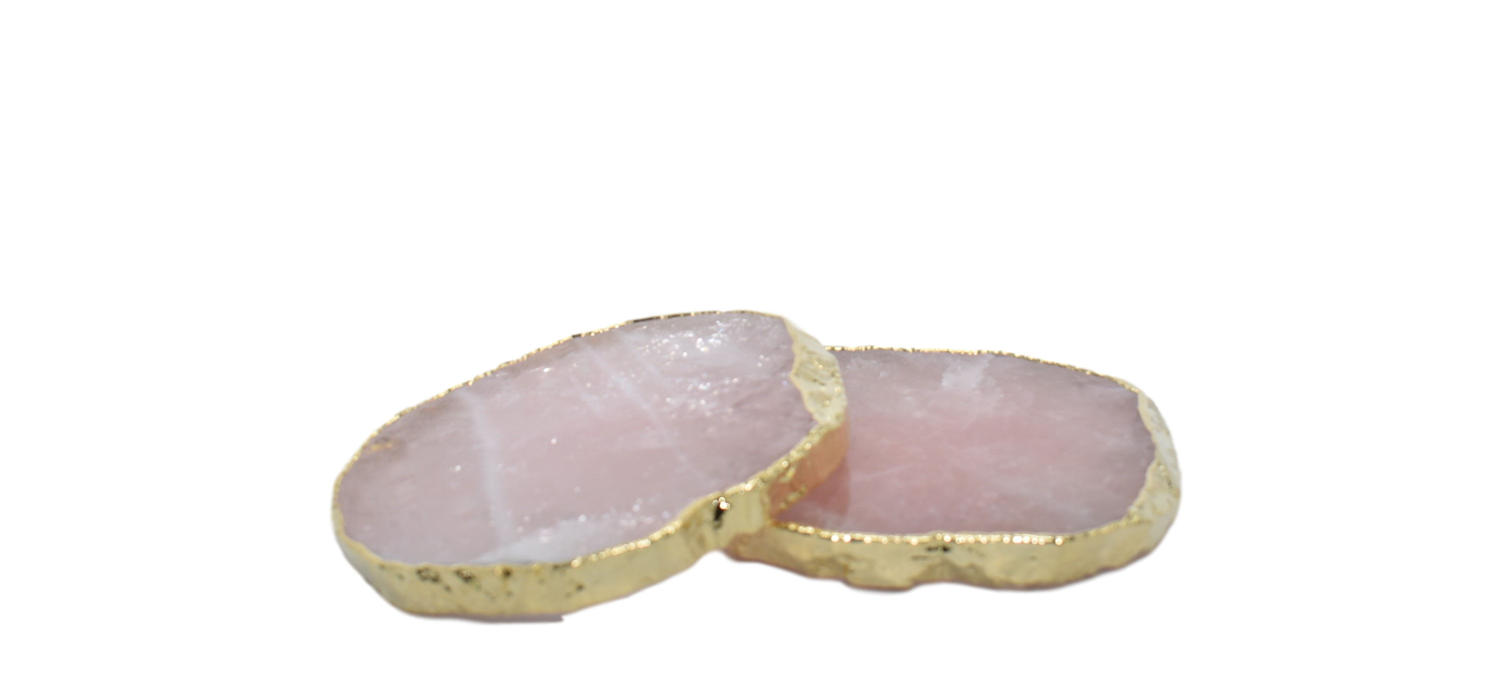 A set of two rose quartz coasters with elegant gold trim, showcasing their natural pink hues and unique patterns.