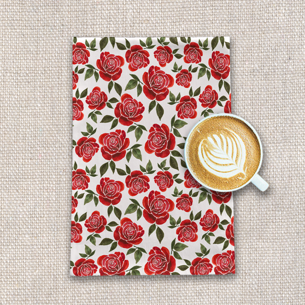 Rose Watercolor Tea Towel featuring vibrant floral design on soft cotton twill fabric, perfect for kitchen use.