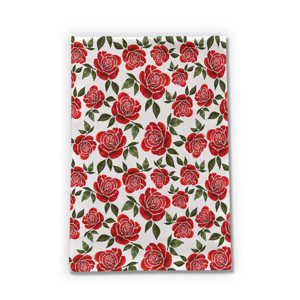 Rose Watercolor Tea Towel featuring vibrant floral design on soft cotton twill fabric, perfect for kitchen use.