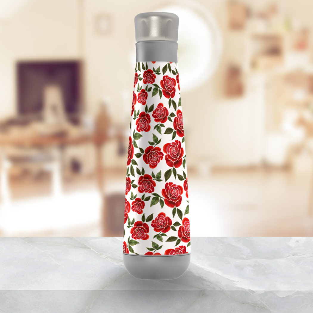 Stylish Rose Watercolor Water Bottle made of stainless steel with a screw-on lid, showcasing a beautiful watercolor rose design.