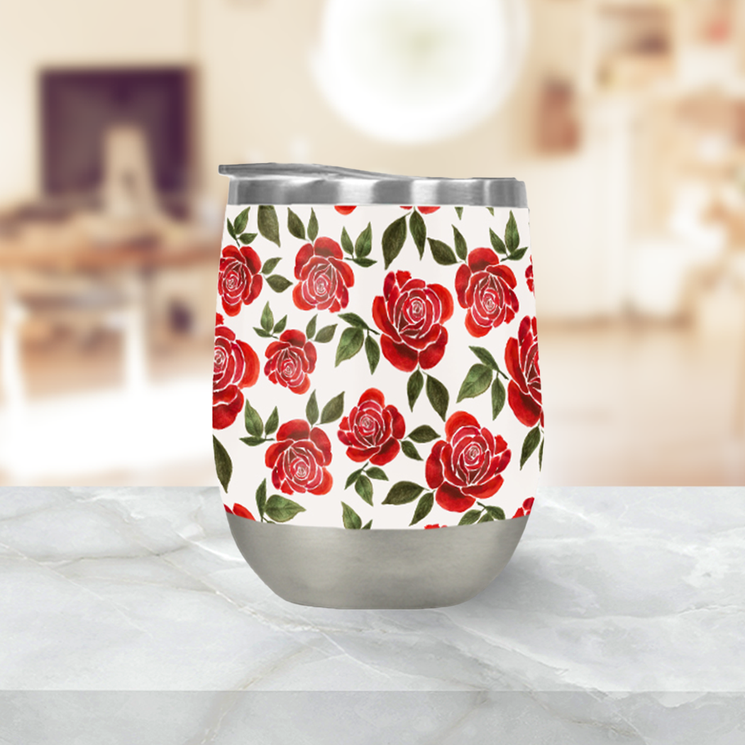 Rose Watercolor Wine Tumbler with double-wall insulation, featuring a vibrant watercolor design, perfect for outdoor use.