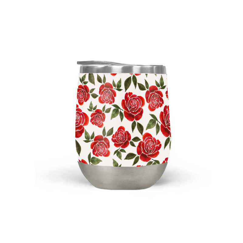 Rose Watercolor Wine Tumbler with double-wall insulation, featuring a vibrant watercolor design, perfect for outdoor use.