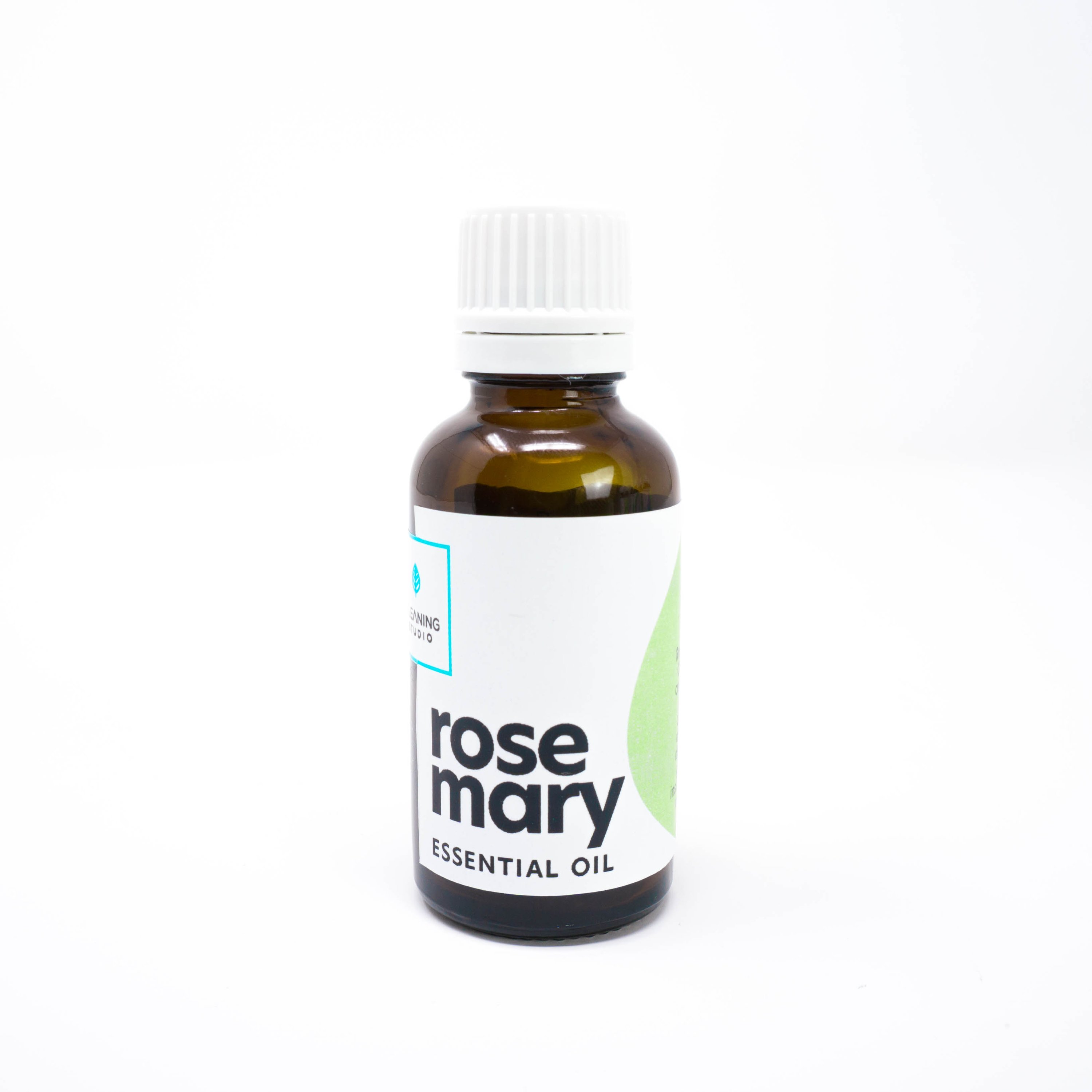 A 1oz bottle of 100% Pure Rosemary Essential Oil with a refreshing scent and cleaning properties, displayed against a natural background.