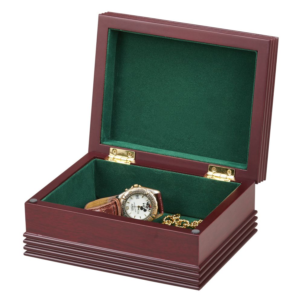 Rosewood finished keepsake box with dark green interior lining and gold hinges, elegantly designed for storing treasures.