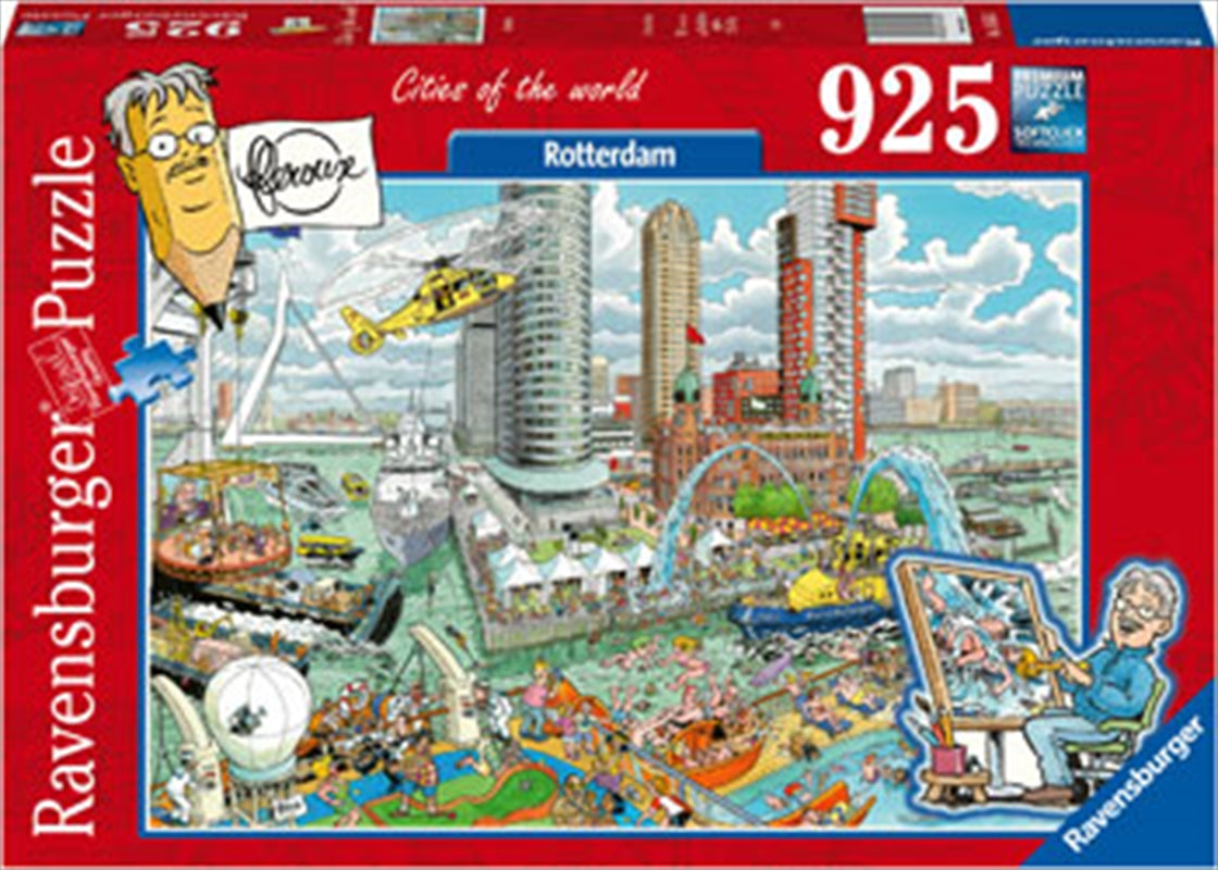 A colorful 925-piece puzzle featuring the skyline of Rotterdam, showcasing iconic buildings and landmarks.