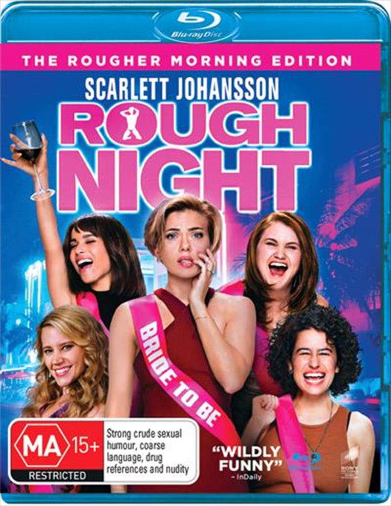 Rough Night Blu-ray cover featuring five women celebrating a bachelorette party in Miami, with vibrant colors and comedic elements.